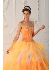 Orange A-Line / Princess Sweetheart Floor-length Satin and Tulle Beading Quinceanera Dress