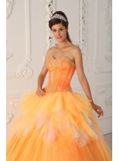 Orange A-Line / Princess Sweetheart Floor-length Satin and Tulle Beading Quinceanera Dress