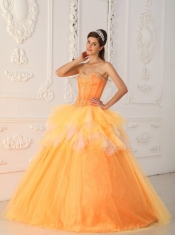 Orange A-Line / Princess Sweetheart Floor-length Satin and Tulle Beading Quinceanera Dress