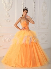 Orange A-Line / Princess Sweetheart Floor-length Satin and Tulle Beading Quinceanera Dress