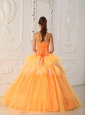 Orange A-Line / Princess Sweetheart Floor-length Satin and Tulle Beading Quinceanera Dress