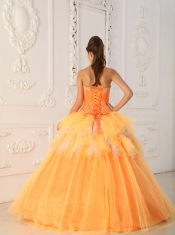 Orange A-Line / Princess Sweetheart Floor-length Satin and Tulle Beading Quinceanera Dress