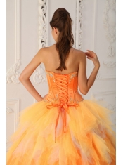 Orange A-Line / Princess Sweetheart Floor-length Satin and Tulle Beading Quinceanera Dress