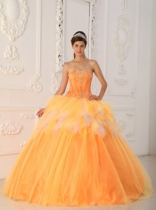 Orange A-Line / Princess Sweetheart Floor-length Satin and Tulle Beading Quinceanera Dress