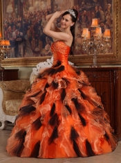 Orange and Black Ball Gown Strapless Floor-length Organza Quinceanera Dress