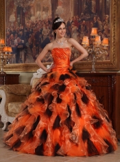 Orange and Black Ball Gown Strapless Floor-length Organza Quinceanera Dress