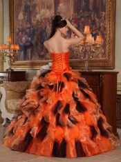 Orange and Black Ball Gown Strapless Floor-length Organza Quinceanera Dress