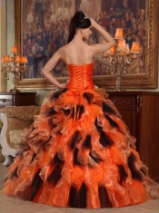 Orange and Black Ball Gown Strapless Floor-length Organza Quinceanera Dress