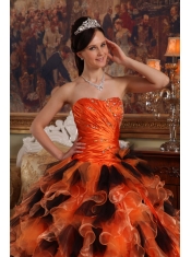 Orange and Black Ball Gown Strapless Floor-length Organza Quinceanera Dress