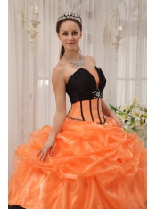 Orange and Black Ball Gown Strapless Floor-length Satin and Organza Beading Quinceanera Dress