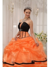 Orange and Black Ball Gown Strapless Floor-length Satin and Organza Beading Quinceanera Dress