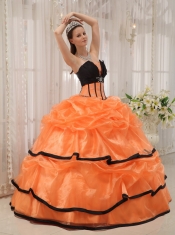 Orange and Black Ball Gown Strapless Floor-length Satin and Organza Beading Quinceanera Dress