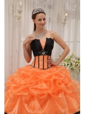 Orange and Black Ball Gown Strapless Floor-length Satin and Organza Beading Quinceanera Dress