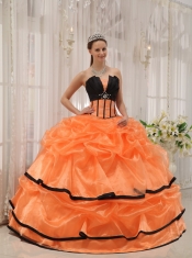 Orange and Black Ball Gown Strapless Floor-length Satin and Organza Beading Quinceanera Dress