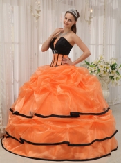 Orange and Black Ball Gown Strapless Floor-length Satin and Organza Beading Quinceanera Dress