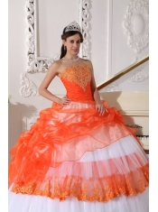 Orange and White Strapless Taffeta and Organza Appliques Ball Gown Quinceanera Dress
