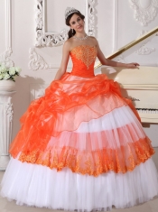 Orange and White Strapless Taffeta and Organza Appliques Ball Gown Quinceanera Dress