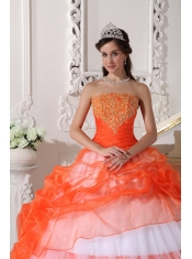 Orange and White Strapless Taffeta and Organza Appliques Ball Gown Quinceanera Dress