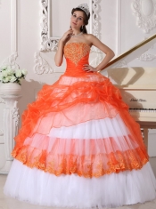 Orange and White Strapless Taffeta and Organza Appliques Ball Gown Quinceanera Dress