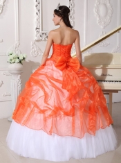 Orange and White Strapless Taffeta and Organza Appliques Ball Gown Quinceanera Dress