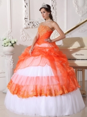 Orange and White Strapless Taffeta and Organza Appliques Ball Gown Quinceanera Dress