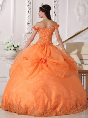 Orange Ball Gown Off The Shoulder Floor-length Taffeta and Organza Appliques and Hand Made Flowers Quinceanera Dress