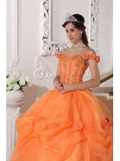 Orange Ball Gown Off The Shoulder Floor-length Taffeta and Organza Appliques and Hand Made Flowers Quinceanera Dress