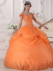 Orange Ball Gown Off The Shoulder Floor-length Taffeta and Organza Appliques and Hand Made Flowers Quinceanera Dress
