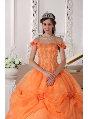 Orange Ball Gown Off The Shoulder Floor-length Taffeta and Organza Appliques and Hand Made Flowers Quinceanera Dress