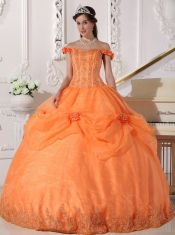 Orange Ball Gown Off The Shoulder Floor-length Taffeta and Organza Appliques and Hand Made Flowers Quinceanera Dress