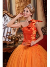 Orange Ball Gown One Shoulder Floor-length Tulle Beading Quinceanera Dress