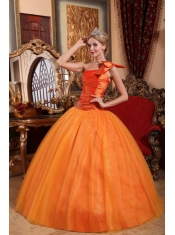 Orange Ball Gown One Shoulder Floor-length Tulle Beading Quinceanera Dress