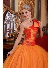 Orange Ball Gown One Shoulder Floor-length Tulle Beading Quinceanera Dress