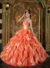 Orange Ball Gown Strapless Floor-length Beading and Ruffles Quinceanera Dress