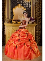 Orange Ball Gown Strapless Floor-length Embroidery Taffeta Quinceanera Dress