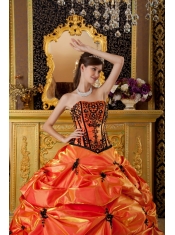 Orange Ball Gown Strapless Floor-length Embroidery Taffeta Quinceanera Dress