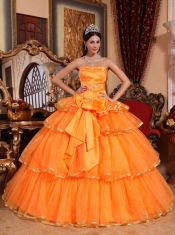 Orange Ball Gown Strapless Floor-length Organza Ruffles Quinceanera Dress