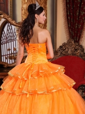 Orange Ball Gown Strapless Floor-length Organza Ruffles Quinceanera Dress