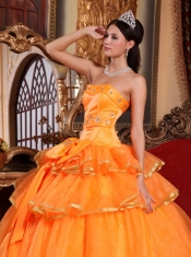 Orange Ball Gown Strapless Floor-length Organza Ruffles Quinceanera Dress