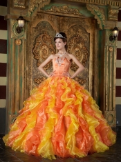 Orange Ball Gown Strapless Floor-length Organza Ruffles Quinceanera Dress