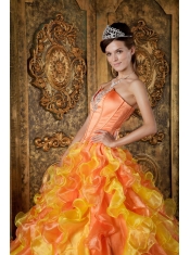 Orange Ball Gown Strapless Floor-length Organza Ruffles Quinceanera Dress