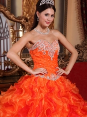 Orange Ball Gown Sweetheart Floor-length Organza Appliques and Beading Quinceanera Dress