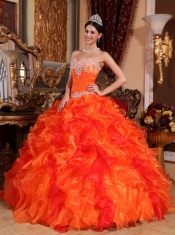 Orange Ball Gown Sweetheart Floor-length Organza Appliques and Beading Quinceanera Dress