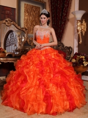 Orange Ball Gown Sweetheart Floor-length Organza Appliques and Beading Quinceanera Dress