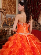 Orange Ball Gown Sweetheart Floor-length Organza Appliques and Beading Quinceanera Dress