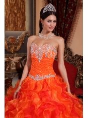 Orange Ball Gown Sweetheart Floor-length Organza Appliques and Beading Quinceanera Dress