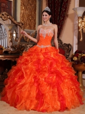 Orange Ball Gown Sweetheart Floor-length Organza Appliques and Beading Quinceanera Dress