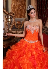 Orange Ball Gown Sweetheart Floor-length Organza Appliques and Beading Quinceanera Dress