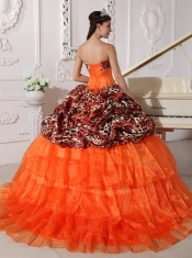 OraLeopard and Organza Quinceanera Dress Sweetheart Sweep / Brush Train Appliques Ball Gown