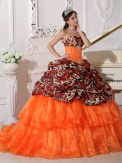 OraLeopard and Organza Quinceanera Dress Sweetheart Sweep / Brush Train Appliques Ball Gown